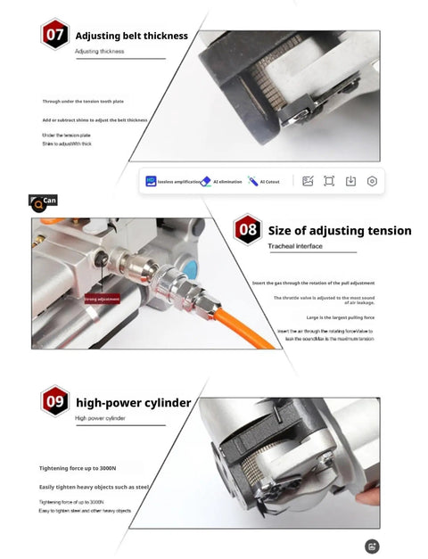 Adjusting mechanism details of Portable Pneumatic Baler For Steel And Plastic Strapping, including belt thickness and tension settings.