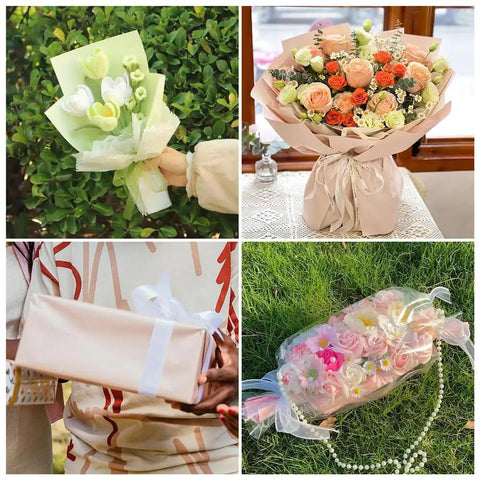 Collage showing uses of 20 Pack Flower Wrapping Paper 22 By 22 Inches Waterproof Floral Bouquet Paper for gifts and decor.