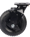 Eight Inch Heavy Duty Pneumatic Rubber Wheel Featuring A Rock Solid Side Brake Flanged Track Base For Hella Smooth Cruising and Effortless Maneuvering On Industrial Carts, close-up view.