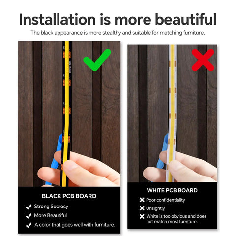 12V LED Cabinet Lighting Kit 10pcs Self-Adhesive Cuttable 6.56Ft 4000K comparison of black and white PCB boards on wooden surface.