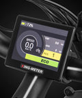 Adult Electric Bike In Sleek Black With Sturdy Cargo Rack Featuring Zippy Motor Pedal Assist dashboard display showing speed and battery.