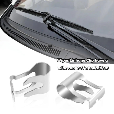 Heavy Duty Windshield Wiper Linkage Clip Set Keeps Linkage From Popping Off Universal Wiper Assembly Clip For Most Cars Durable Car Accessories Easy Install 2 Pack, silver metal clips shown with windshield wiper linkage