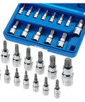 Must-Have 13 Pc Torx Star Bit Socket Set Forged From Chrome Vanadium Steel T8 To T70 Sizes With 1 4 3 8 And 1 2 Inch Drives For Heavy Duty Home Tool Kits That Crushes Rusted Tight Bolts Easy Like A Hot Knife Through Butter. Torx bit sockets in blue case