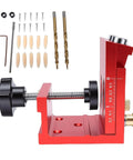 Heavy Duty Pocket Hole Jig Kit With Dual Scale Sliders And Precision 15 Degree Angle for cabinet joints, featuring red steel frame.