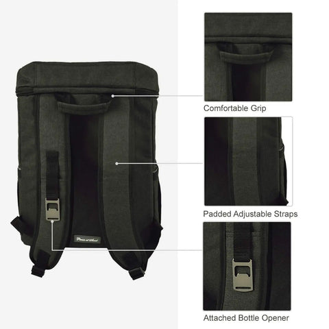 Back view of Insulated Cooler Backpack For 4 With Plates And Glasses Lightweight Lunch Pack showing padded straps and bottle opener.