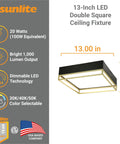Cool 13 Inch LED Double Square Ceiling Light Fixture With Dimmable Color Temperature 3000K 4000K 5000K black and gold design