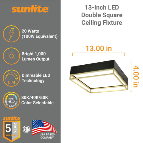 Cool 13 Inch LED Double Square Ceiling Light Fixture With Dimmable Color Temperature 3000K 4000K 5000K black and gold design