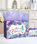13 Inch Mermaid Birthday Gift Bag With Handle For Kids Party, Purple Gift Bag With Tissue Paper And Card Included