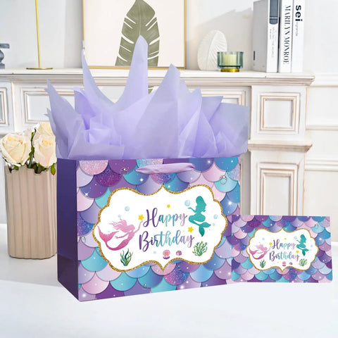 13 Inch Mermaid Birthday Gift Bag With Handle For Kids Party, Purple Gift Bag With Tissue Paper And Card Included
