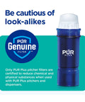 Blue PUR Plus filter with caution text, compatible with PUR Plus pitchers and dispensers, emphasizing genuine certification.