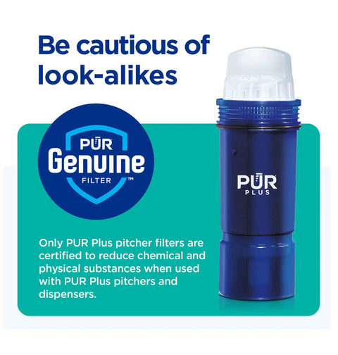 Blue PUR Plus filter with caution text, compatible with PUR Plus pitchers and dispensers, emphasizing genuine certification.