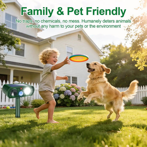 Solar Ultrasonic Animal Repellent 4 Pack With Motion Sensor And Flashlight IP65 Waterproof Outdoor Yard Deterrents For Deer Rabbits Raccoons And Cats No Go Zone Keeps Critters Away in family yard