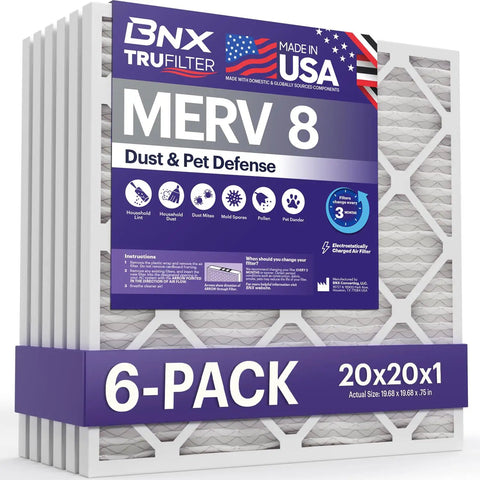 20x20x1 Air Filter MERV 8 Six Pack Electrostatic Pleated For HVAC AC Furnace Dust Pet Hair Mold Pollen Defense Made In USA