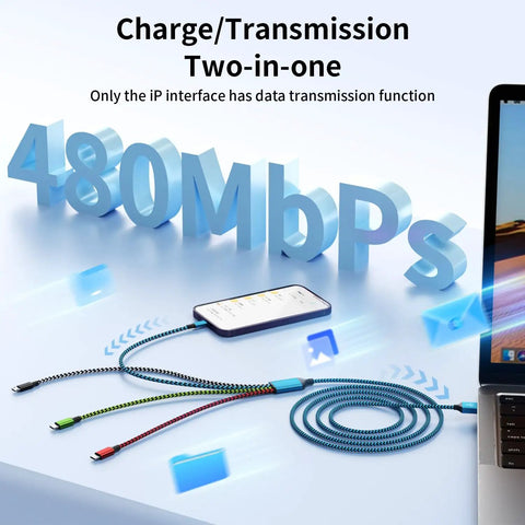 4 In 1 Braided USB C Cable With Dual Type C Ports Micro USB And USB A For iPhone Android Galaxy iPad showing data transfer