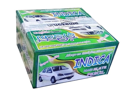 Box labeled 'Indica Brand Slate Pencil' on a green background, indicating it contains slate pencils, with an image of a car on the packaging.