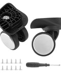 Heavy Duty Luggage Wheels Replacement Set Built Hella Tough For A Sweet Smooth Roll And Swift Suitcase Fixes showing two black wheels, screws, and a screwdriver.