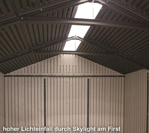 Interior view of Built Tough Outdoor Storage Shed 7 x 4.5 Ft with steel reinforced construction and skylight in roof.