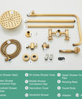 Antique Brass Shower System With 8 Inch Rainfall Head And Handheld Spray, 2 Cross Handles, and Wall Mounted Fixtures components.