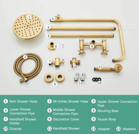 Antique Brass Shower System With 8 Inch Rainfall Head And Handheld Spray, 2 Cross Handles, and Wall Mounted Fixtures components.