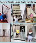 Extra Wide Baby Gate With Triple Lock System, Pressure Mounted Walk Through Auto Close Safety Gate for Stairs and Doorways displayed indoors with children.