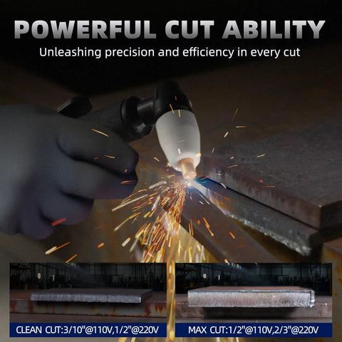 Dual Voltage 50 Amp Plasma Cutter With IGBT Inverter, 110V And 220V in use cutting metal, showcasing cut ability and sparks