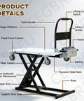 Electric Hydraulic Lift Table Cart Featuring Plug And Play One Touch Operation With Slick Retractable Scissor Frame For Smooth Cargo Hauling Heavy Duty Mobile Dolly That Folds Flat with labeled controls and components.