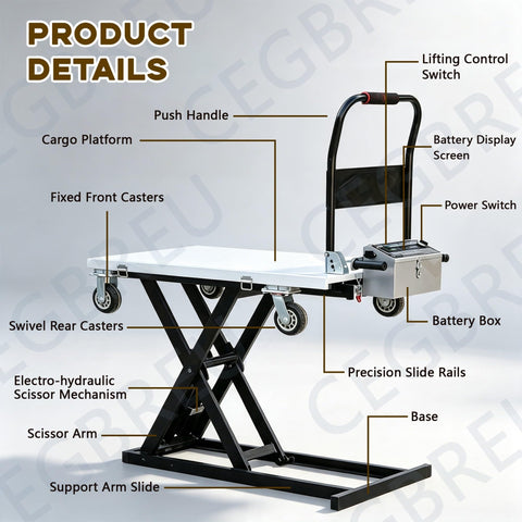 Electric Hydraulic Lift Table Cart Featuring Plug And Play One Touch Operation With Slick Retractable Scissor Frame For Smooth Cargo Hauling Heavy Duty Mobile Dolly That Folds Flat with labeled controls and components.