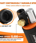 Close-up of air inlet and speed controls on Beast Mini Random Orbital Air Sander Kit 1 2 3 Inch For Auto Body Metal And Woodworking