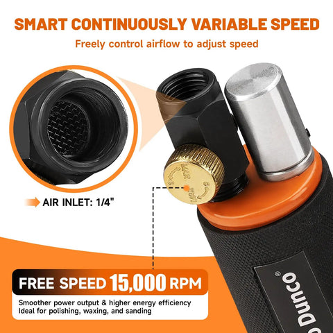 Close-up of air inlet and speed controls on Beast Mini Random Orbital Air Sander Kit 1 2 3 Inch For Auto Body Metal And Woodworking
