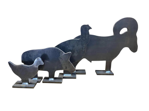 Half Scale Silhouette Targets Set For Rifles AR500 Three Eighth Inch Steel Knock Overs Four Piece Ram Turkey Pig Chicken