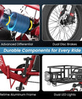Adult Electric Trike 750W 48V Folding Three-Wheel Tricycle With 20x3 Fat Tires Front Suspension Hydraulic Disc Brakes Stable Rear Differential Easy Fold Comfortable Safe Ride For Seniors And Beginners, red frame detail