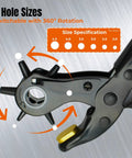 Heavy Duty Revolving Hole Punch Kit With Six Size Heads shown in detail highlighting size specifications and rotation mechanism.