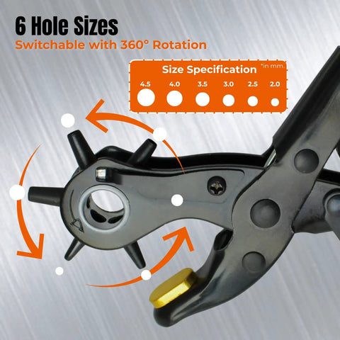 Heavy Duty Revolving Hole Punch Kit With Six Size Heads shown in detail highlighting size specifications and rotation mechanism.