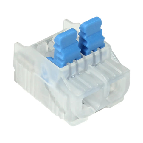 Lever Wire Connector 2 Port 12 AWG Reusable For Solid And Stranded Wires Jar Of 500 With Easy Release Levers shown close-up