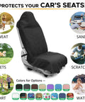 Waterproof Sweat-Proof Car Seat Cover on car seat, protects against sweat, sand, pets, scratches, dirt, and water, multiple colors shown.