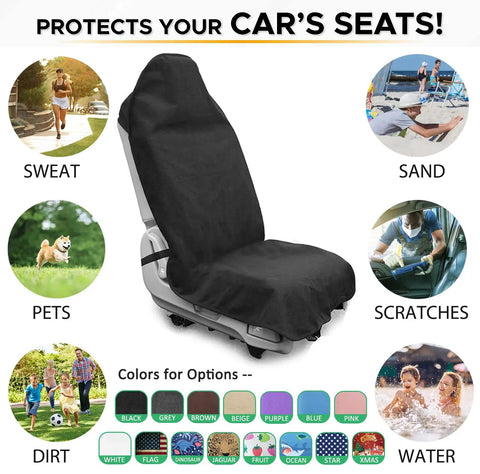 Waterproof Sweat-Proof Car Seat Cover on car seat, protects against sweat, sand, pets, scratches, dirt, and water, multiple colors shown.