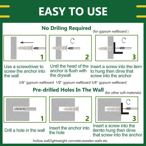 Instructions for using self drilling drywall anchors and screws kit with nylon plastic wall anchors, no pre drill needed.
