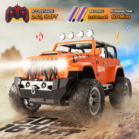 1:16 Scale Remote Control Jeep With Spray, Lights And Sound, 2.4GHz RC Car for kids on dirt trail