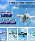 5 Pack 3.7V 380mAh Drone Batteries 25C 1S LiPo With 5In1 Charger Power Up Your SYMA drones and shown with flying drone models.