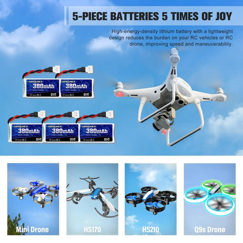 5 Pack 3.7V 380mAh Drone Batteries 25C 1S LiPo With 5In1 Charger Power Up Your SYMA drones and shown with flying drone models.