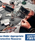 Person using Six Piece Mini Precision Screwdriver Set With Flathead And Phillips Bits for phone repair at workstation, tools visible.