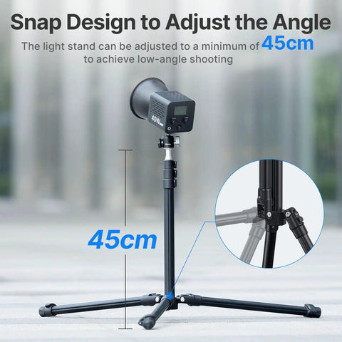 Close-up of 45cm adjustable angle on Extendable 6.23ft Aluminum Light Stand For Photography, Reversible Portable Studio Tripod.