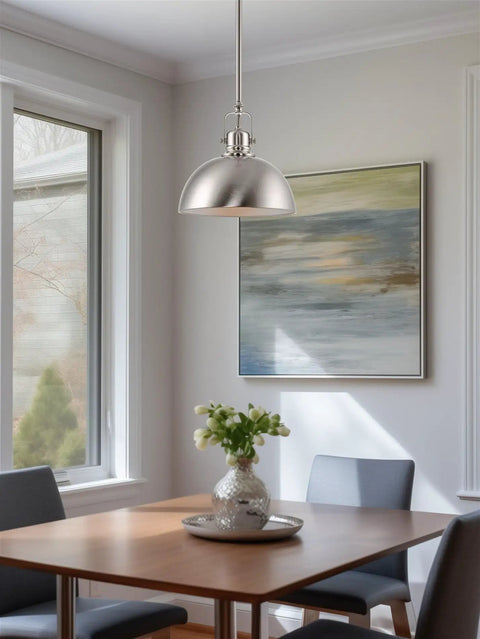 Kira Home Belle 9" Modern Industrial Pendant Light with Dome Shade, Petit Retro Metal Silver Hanging Light, Brushed Nickel Finish (Pack of 2) above dining table.