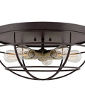 Industrial Farmhouse 18 Inch Five Light Cage Flush Mount Ceiling Light Dope Barn Vibe With Oil Rubbed Bronze Finish And Antique Brass Sockets