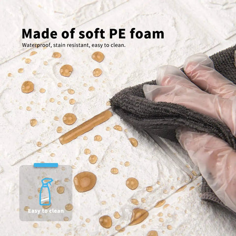 Cleaning liquid spills on 20 Pack 115 Sq Ft 3D Faux Brick Panels Peel And Stick White Wall Decor with waterproof foam surface