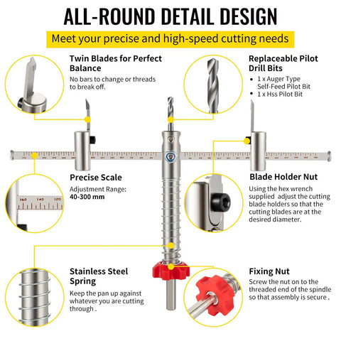 Adjustable Hole Saw Cutter Kit Pro Grade Heavy Duty Set parts diagram for recessed lights and ceiling speakers