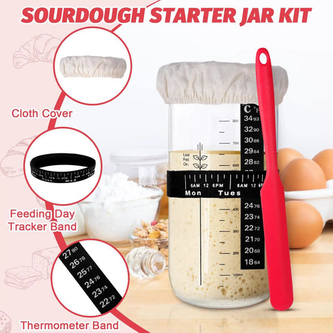 All In One Sourdough Starter Kit with jar, cloth cover, tracker and thermometer bands, silicone spatula, and baking ingredients.