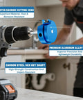 Pro Grade Versatile PVC Pipe Reamer Kit Set From Half Inch To Four Inch attached to drill showing four-sided carbide reamer.