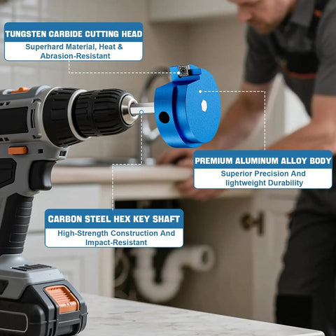 Pro Grade Versatile PVC Pipe Reamer Kit Set From Half Inch To Four Inch attached to drill showing four-sided carbide reamer.