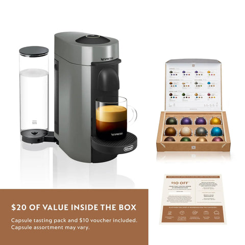 Nespresso Vertuo Plus Single Serve Coffee And Espresso Maker For Home Use With Quick 25 Sec Heat Up And Energy Saving Auto Shut Off No Fuss Easy One Touch Brew For Any Occasion, showing machine and capsule pack